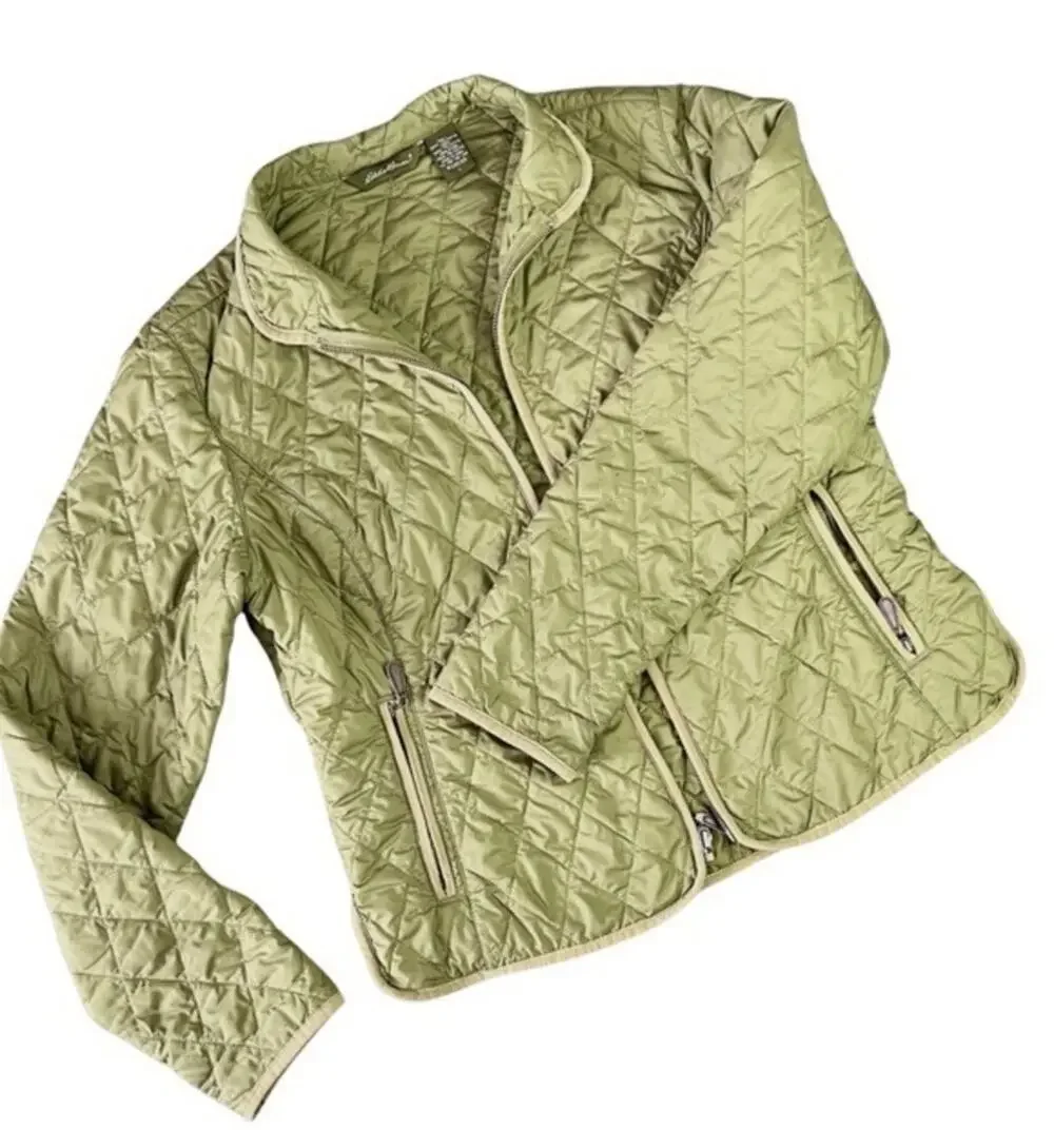 Eddie Bauer Mod Quilt Jacket Womans L Green Puffer Full Zip Buttoned Pockets
